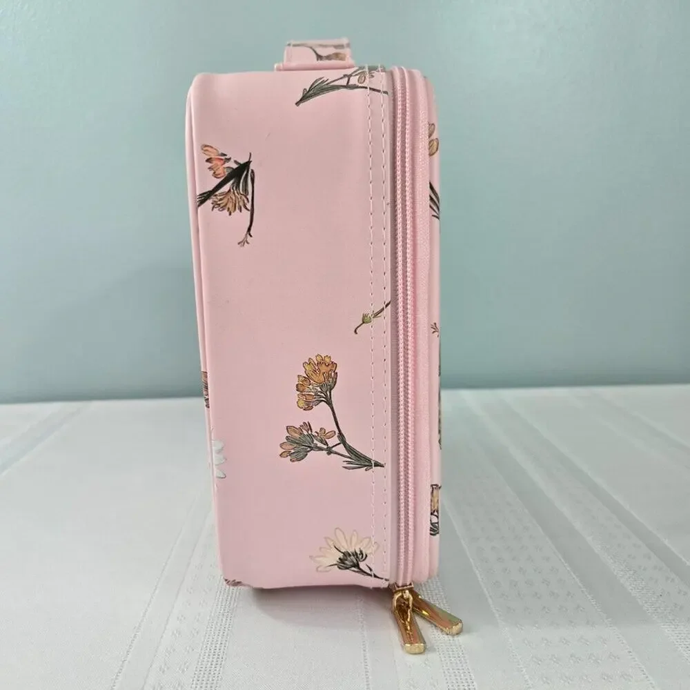 Makeup Cosmetic Case with Moveable Dividers Zipper & Pouches Pink w/Daisies